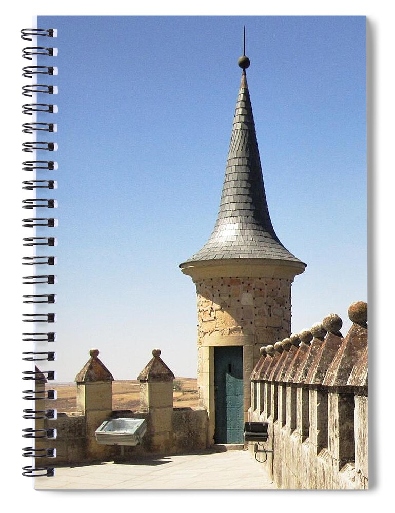 Segovia Spiral Notebook featuring the photograph On the Roof of Segovia Castle with Cone Shaped Railing in Spain by John Shiron