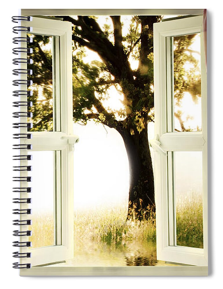 Window Spiral Notebook featuring the photograph Open window to tree by Simon Bratt