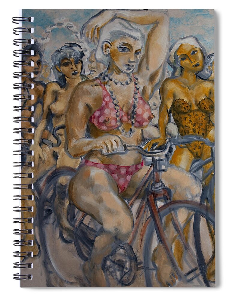 Nudes Spiral Notebook featuring the painting Painted ladies on the naked bike ride take a break in view of the London Eye by Peregrine Roskilly