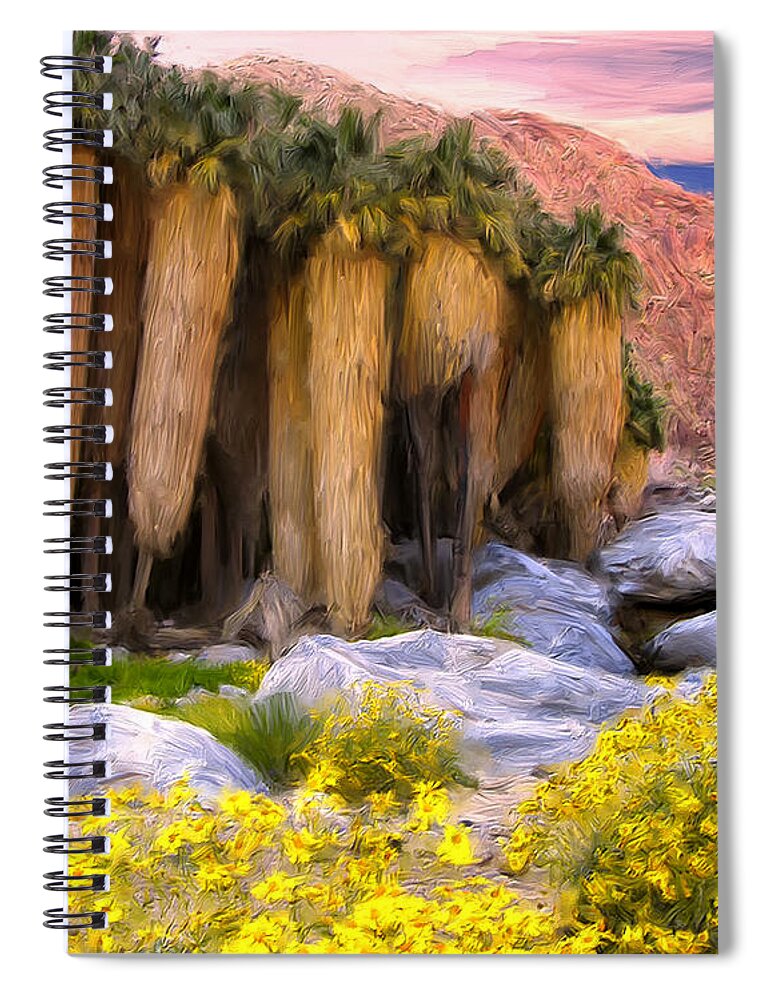 Palm Oasis Spiral Notebook featuring the painting Palm Oasis and Wildflowers by Dominic Piperata