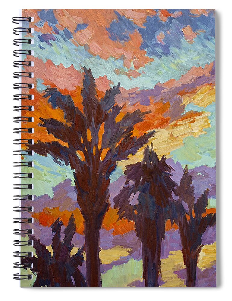 Palms And Sunrise Spiral Notebook featuring the painting Palms and Sunrise by Diane McClary