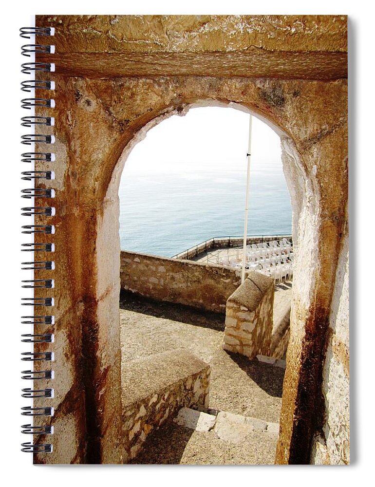 Peniscola Spiral Notebook featuring the photograph Peniscola Castle Arched Open Doorway Sea View II At the Mediterranean in Spain by John Shiron