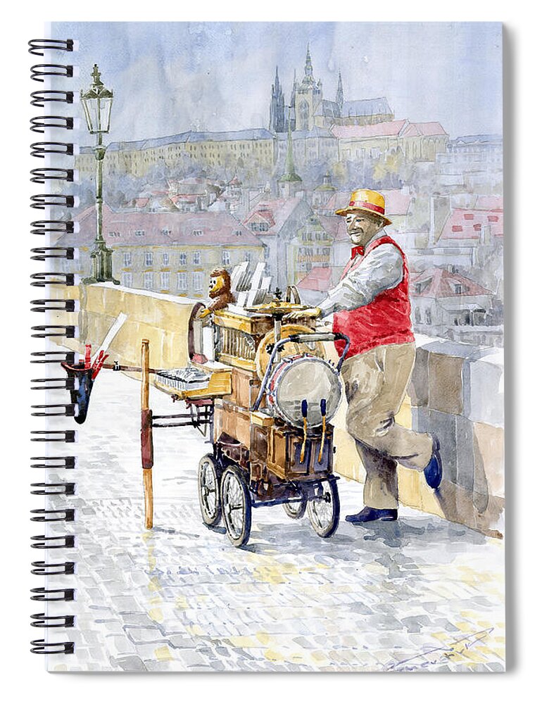 Watercolor Spiral Notebook featuring the painting Prague Charles Bridge Organ Grinder-Seller Happiness by Yuriy Shevchuk