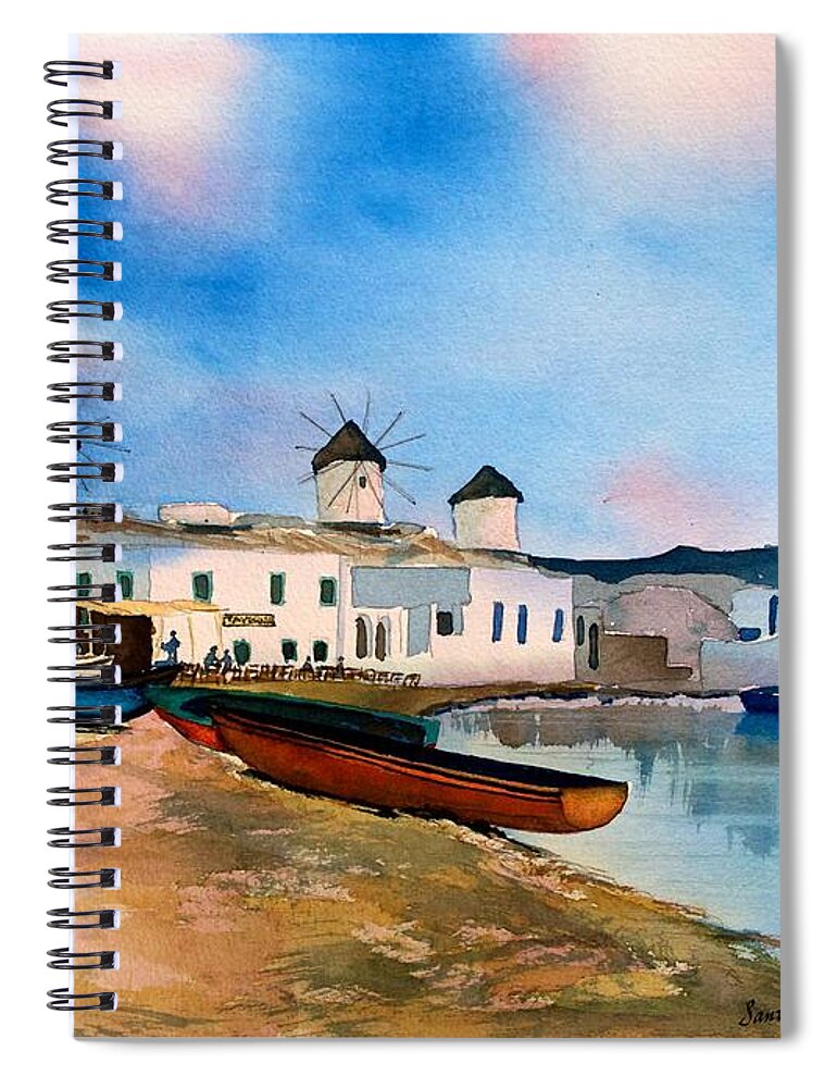 Mykonos Spiral Notebook featuring the painting Quiet Days by Frank SantAgata