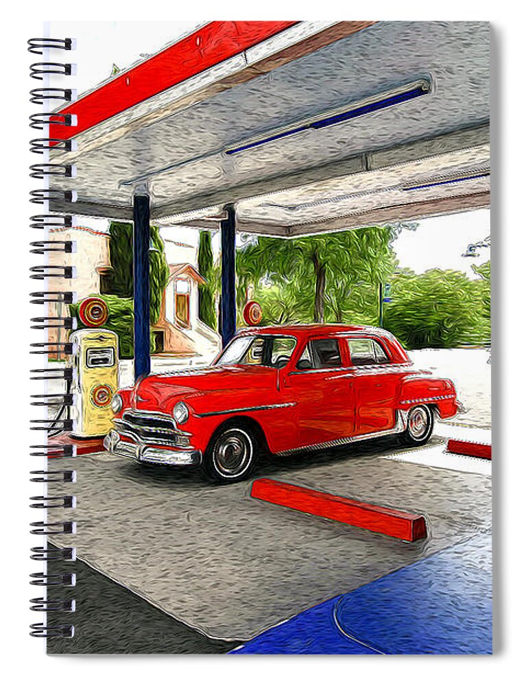 Old Plymout Cars.old Gas Station Pumps. Antique Cars. Fine Art Antique Cars Vintage Cars. Vintange Car Greeting Cards. Old Gas Pumps. Vintage Gas Pumps. Vintage Cars. Old Cars. Spiral Notebook featuring the photograph Remembering The Past by James Steele