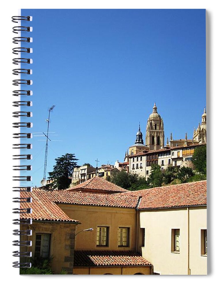 Segovia Spiral Notebook featuring the photograph Segovia Castle Alcazar View of Homes in the Hills Below with Blue Sky in Spain by John Shiron