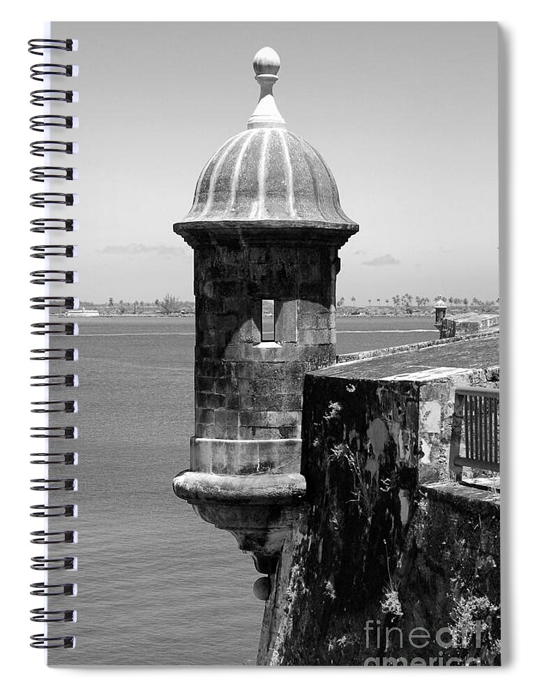 Old San Juan Spiral Notebook featuring the photograph Sentry Tower Castillo San Felipe Del Morro Fortress San Juan Puerto Rico Black and White by Shawn O'Brien