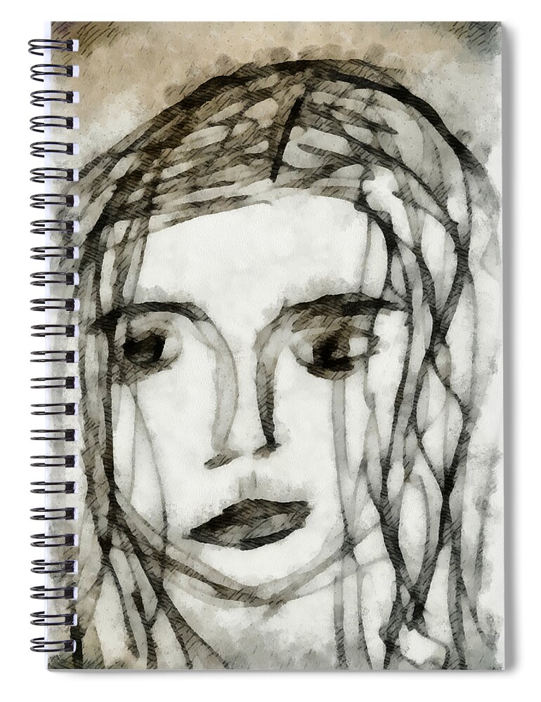 Angelina Vick Spiral Notebook featuring the drawing She Sat Alone 2 by Angelina Tamez