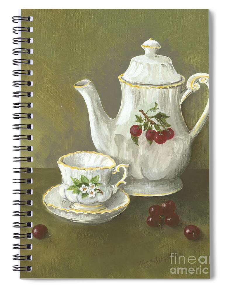 Tea Pot Spiral Notebook featuring the painting Tea with Cherries by Nancy Patterson