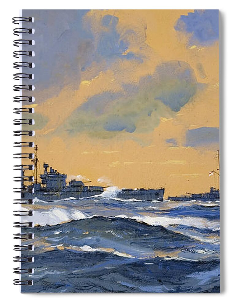 Naval; Battleships; Battleship; Royal Navy; Ww2; Wwii; Second; 2nd; 2; Cruiser Spiral Notebook featuring the painting The British cruisers HMS Exeter and HMS York by John S Smith