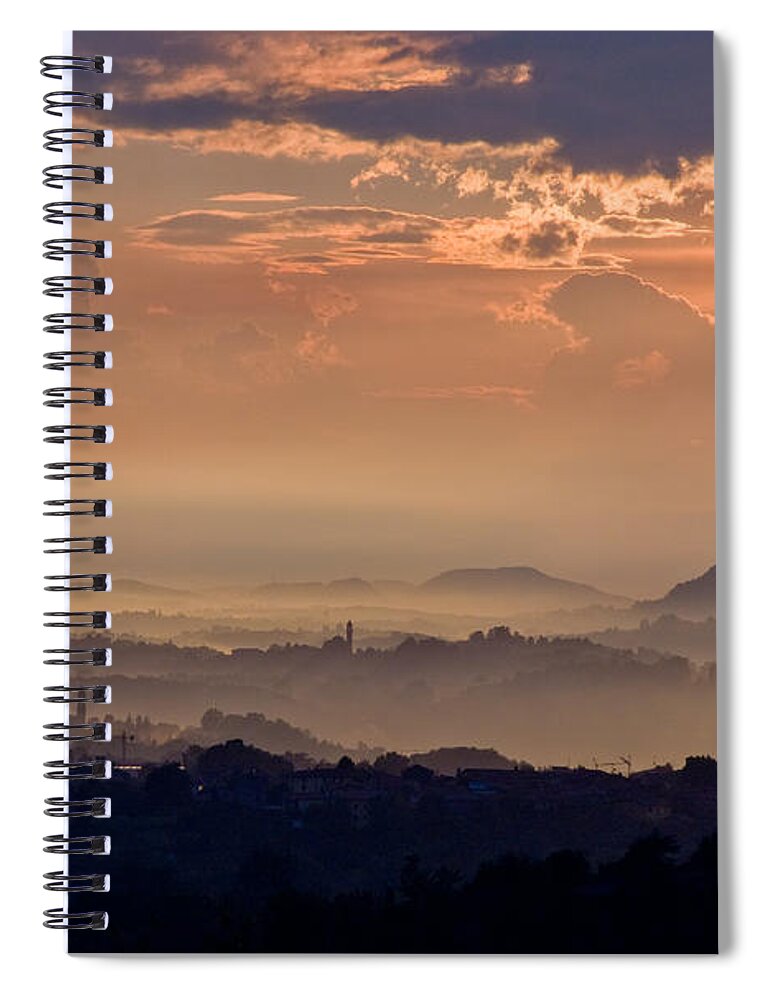 Sun Rain Storm Cloud Vapor Landscape Italy Hills Fog Wide Panorama Spiral Notebook featuring the photograph The end of the storm by Marco Busoni