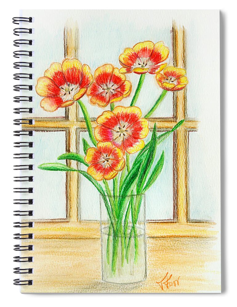 Tulips Spiral Notebook featuring the drawing Tulips in a window by Tatiana Fess