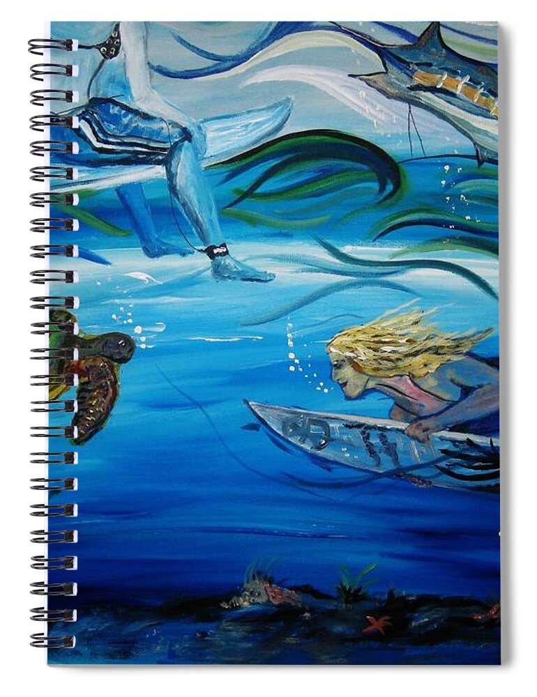 Underwater Spiral Notebook featuring the painting Underwater Surfers by Amanda Dinan