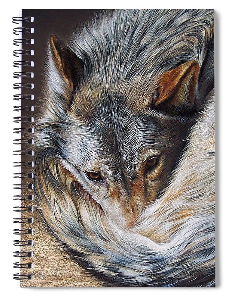 Wolf Spiral Notebook featuring the drawing Watchful Rest by Elena Kolotusha