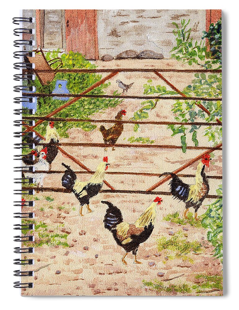 Welsh Farm Spiral Notebook featuring the painting Welsh Farm Cockerels on Patrol by Edward McNaught-Davis