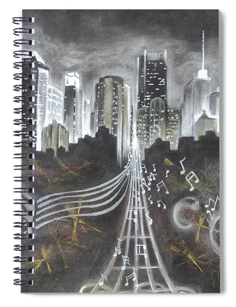 Citiy Spiral Notebook featuring the drawing Where the Music Never Sleeps by Carla Carson