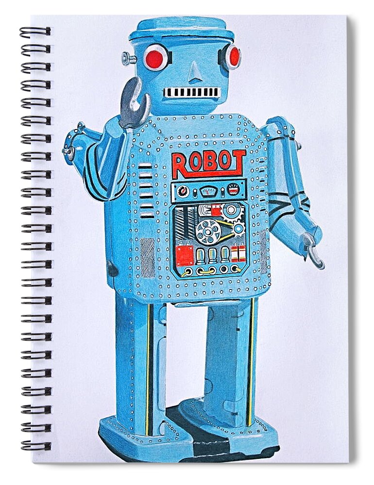 Robot Spiral Notebook featuring the drawing Wind-up Robot by Glenda Zuckerman