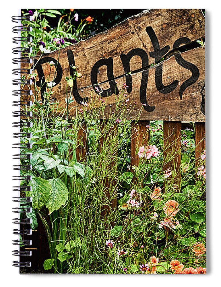 Plants Spiral Notebook featuring the photograph Wooden plant sign in flowers by Simon Bratt