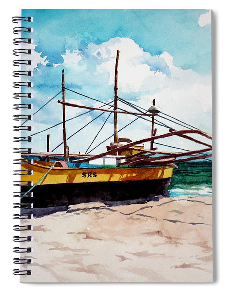 Boat Spiral Notebook featuring the painting Yellow Boat Docking on the Shore by Christopher Shellhammer