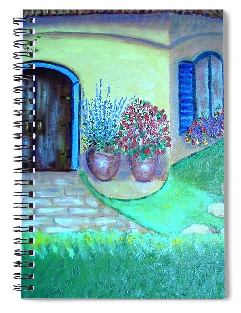 House Spiral Notebook featuring the painting Yellow House with Blue Shutters by Laurie Morgan