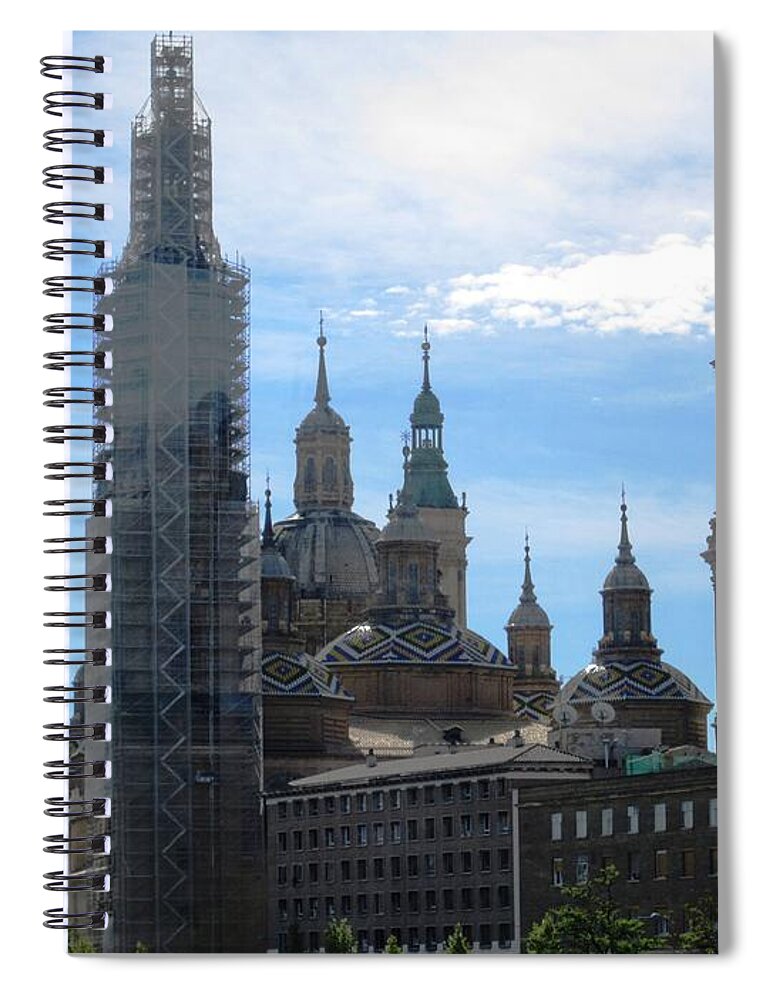 Zaragoza Spiral Notebook featuring the photograph Zaragoza Plaza Ancient Bell Tower and Church Renovation in Spain by John Shiron