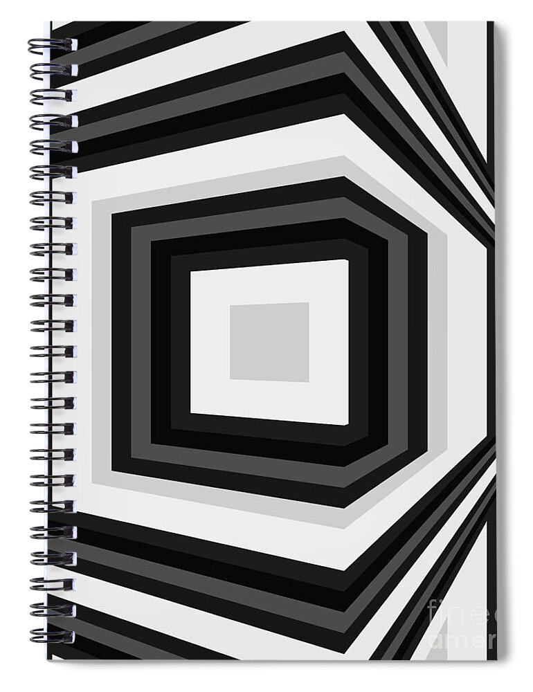  Spiral Notebook featuring the digital art Around the corner, geometrical abstract monochrome op art by Heidi De Leeuw