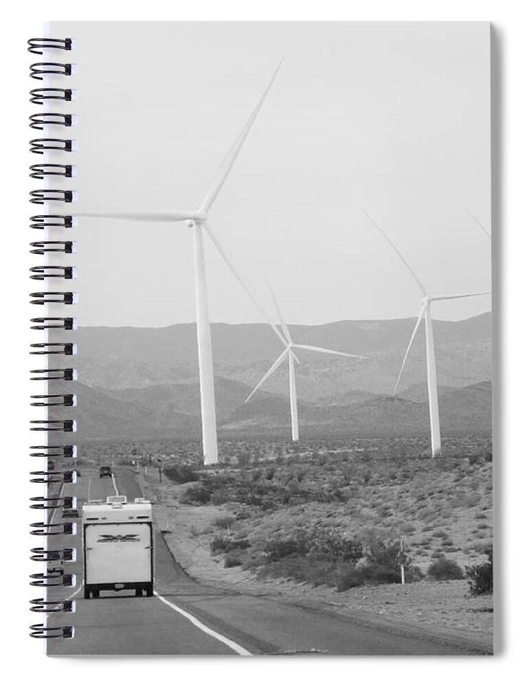 Mountains Spiral Notebook featuring the photograph Mountains- Wind Turbine and Road with Cars by Claudia Ellis