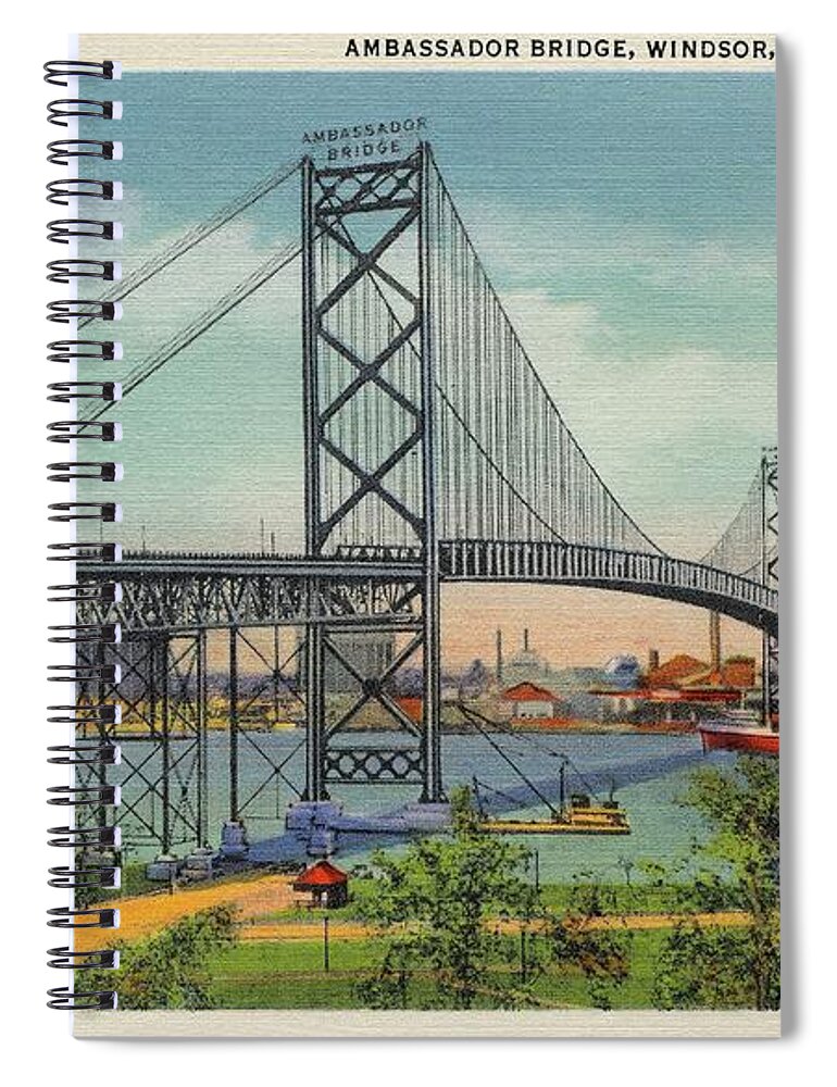 Windsor Spiral Notebook featuring the digital art Retro vintage Ambassador Bridge Windsor Canada to Detroit USA by Heidi De Leeuw