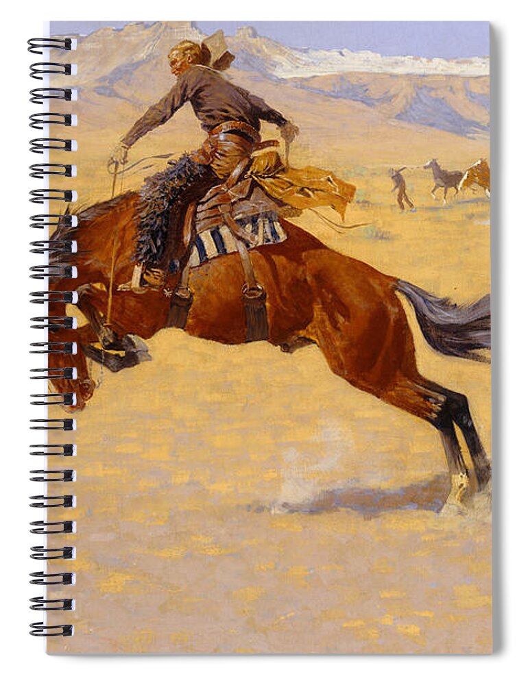 Cowboy; Horse; Pony; Rearing; Bronco; Wild West; Old West; Plain; Plains; American; Landscape; Breaking; Horses; Snow-capped; Mountains; Mountainous Spiral Notebook featuring the painting A Cold Morning on the Range by Frederic Remington