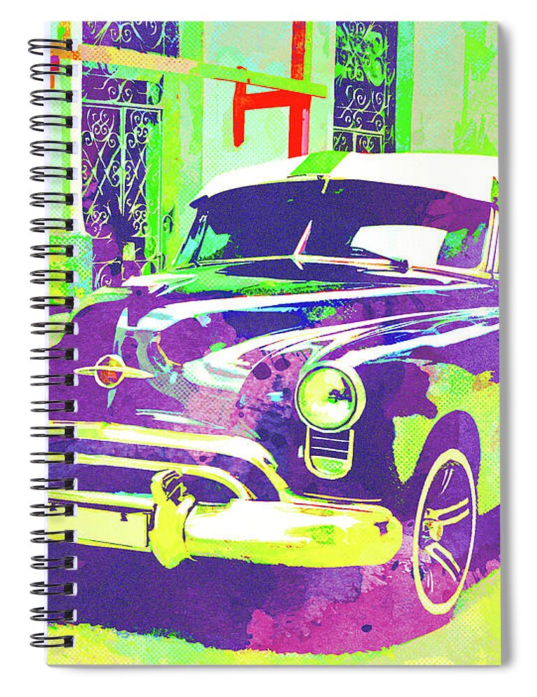 Havana Spiral Notebook featuring the mixed media Abstract Watercolor - Havana Cuba Classic Car I #2 by Chris Andruskiewicz