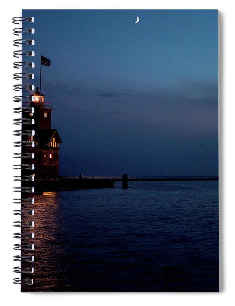 Michigan Spiral Notebook featuring the photograph Big Red Lighthouse Holland Michigan With Freighter #2 by Ken Figurski