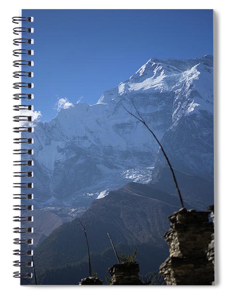 Nepal Spiral Notebook featuring the photograph Buddhist gompa and prayer flags in the Himalaya range, Annapurna region, Nepal #1 by Raimond Klavins