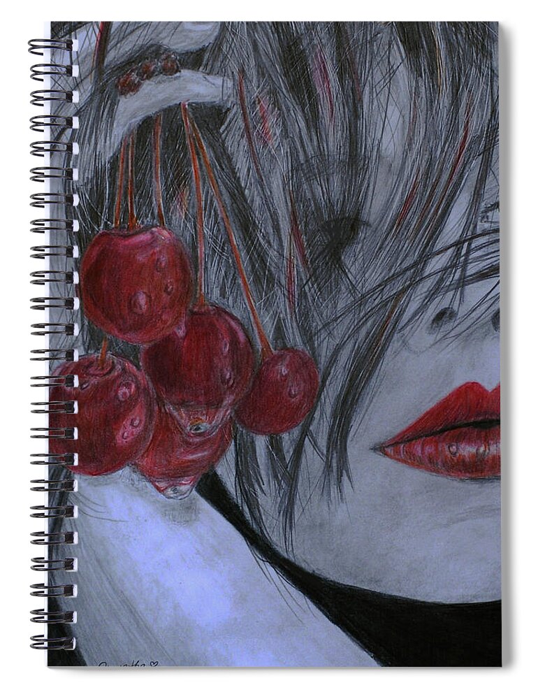 Portrait Spiral Notebook featuring the drawing Cherry Kisses #1 by Quwatha Valentine