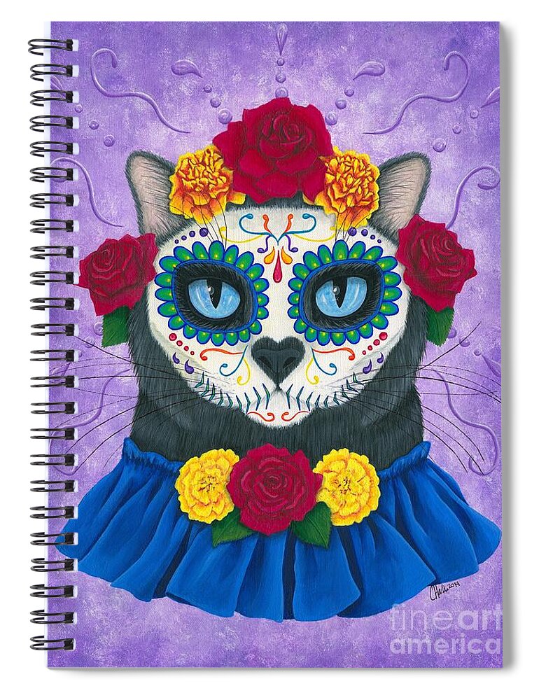 Dia De Los Muertos Gato Spiral Notebook featuring the painting Day of the Dead Cat Gal - Sugar Skull Cat by Carrie Hawks