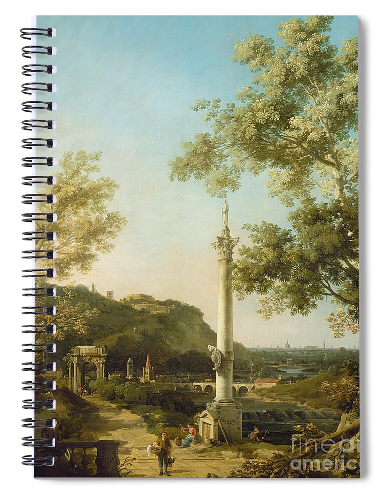 Canaletto Spiral Notebook featuring the painting English Landscape Capriccio with a Column by Canaletto