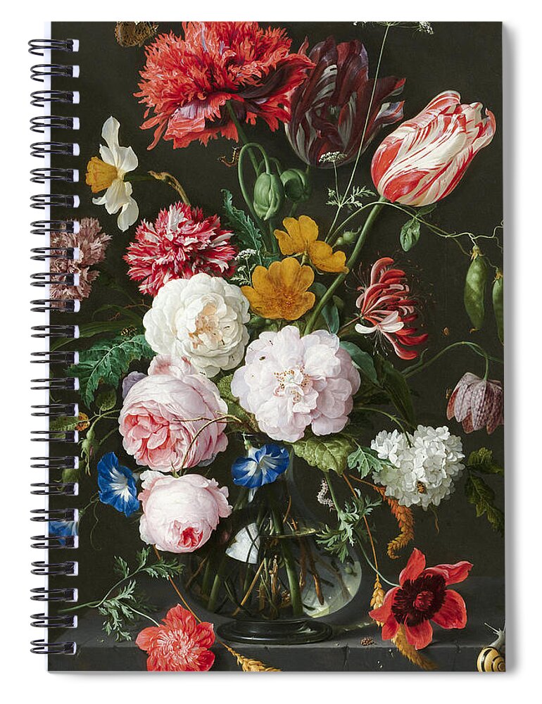 Still Life With Flowers In A Glass Vase Spiral Notebook featuring the mixed media Flowers in a Glass Vase 3 by Jan Davidsz de Heem