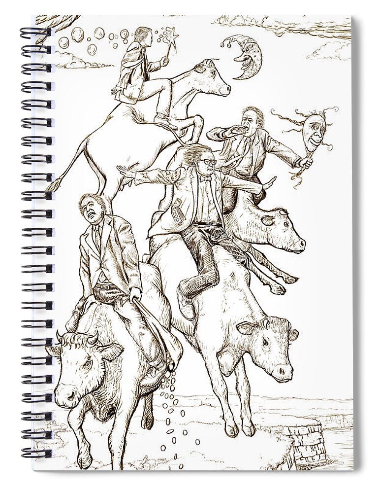 Mad Spiral Notebook featuring the digital art Four Mad Cowboys of the Apocalypse #1 by Russell Kightley