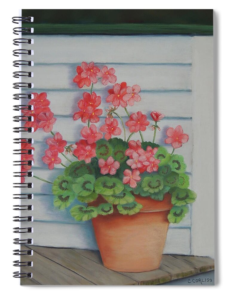 Front Spiral Notebook featuring the pastel Front Porch Geraniums by Carol Corliss