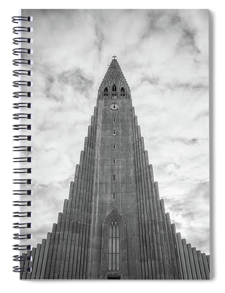 Hallgrímskirkja Spiral Notebook featuring the photograph Hallgrimskirkja BW #1 by Michael Ver Sprill