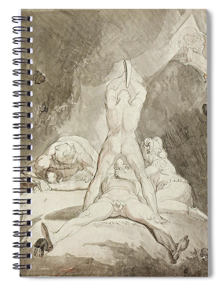 Henry Fuseli Spiral Notebook featuring the drawing Hephaestus Bia and Crato Securing Prometheus on Mount Caucasus #2 by Henry Fuseli