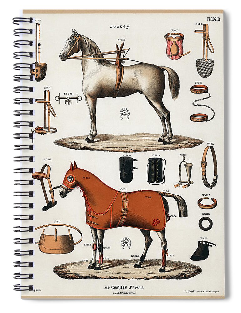 Accessory Spiral Notebook featuring the drawing Horses with antique horseback riding equipments by Vincent Monozlay