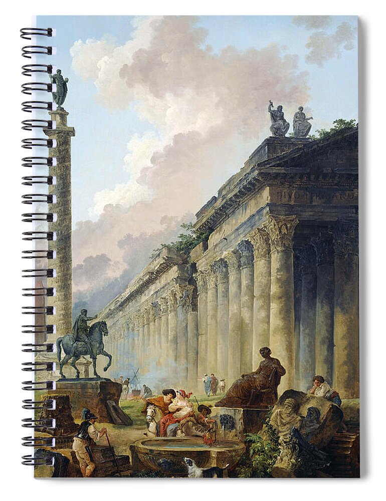 Hubert Robert Spiral Notebook featuring the painting Imaginary View of Rome with Equestrian Statue of Marcus Aurelius, the Column of Trajan and a Temple by Hubert Robert