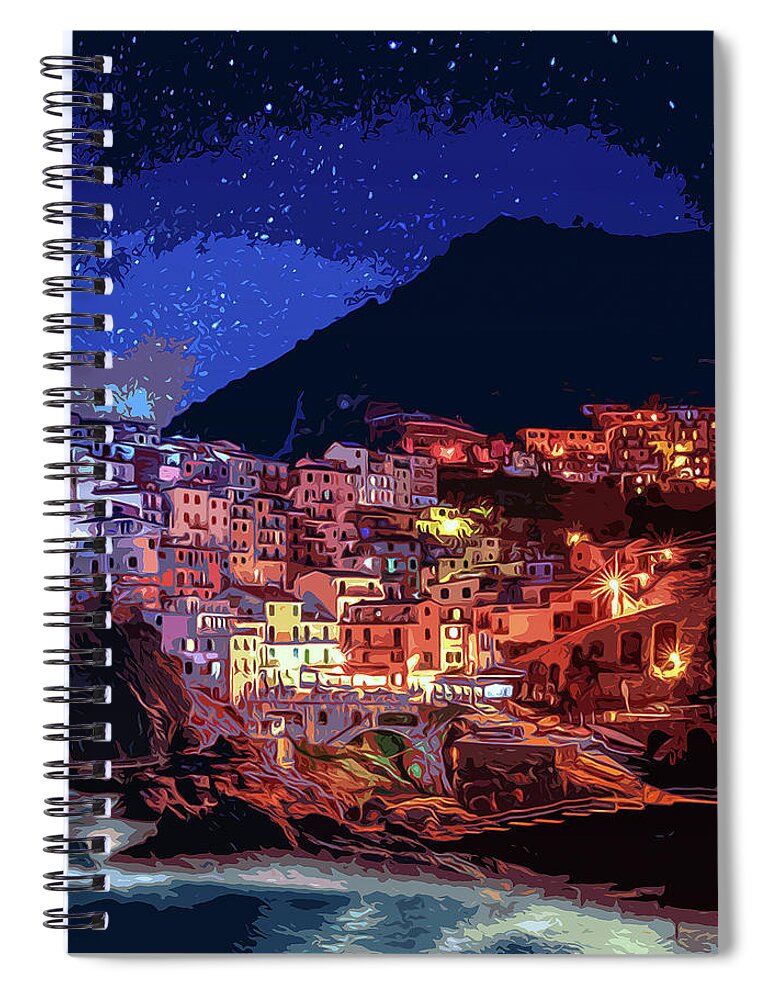 Manarola Italy Spiral Notebook featuring the painting Italy, Manarola at night #1 by AM FineArtPrints