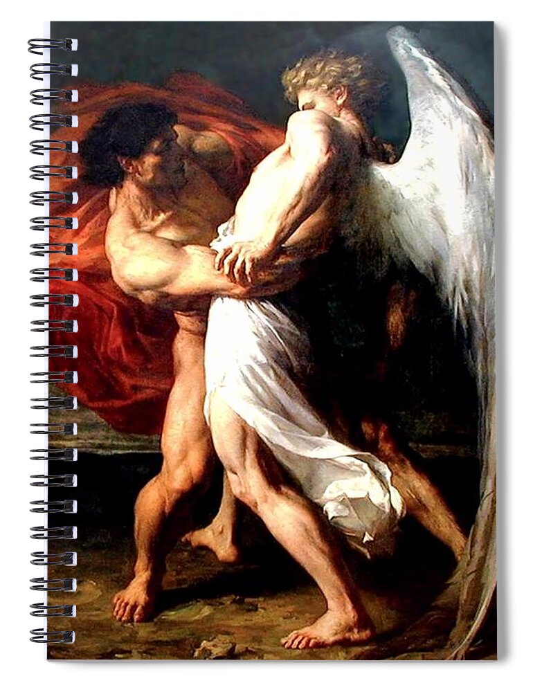 Jacob Spiral Notebook featuring the painting Jacob Wrestling With The Angel by Alexander Louis Leloir