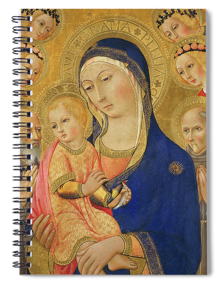 Madonna And Child Spiral Notebook featuring the painting Madonna and Child with Saint Jerome, Saint Bernardino, and Angels #1 by Sano di Pietro