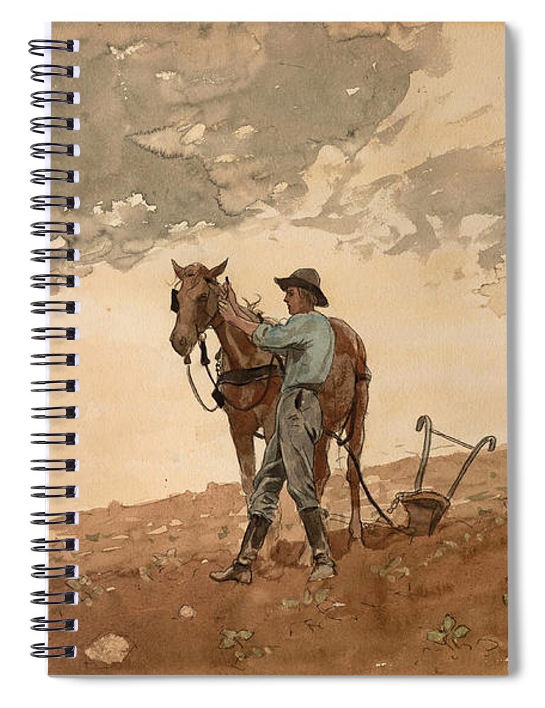 Winslow Homer Spiral Notebook featuring the drawing Man with Plow Horse by Winslow Homer