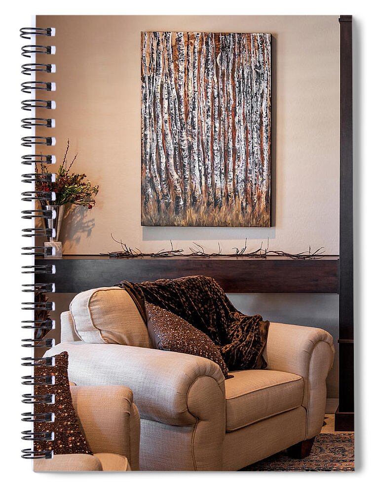 Aspens Spiral Notebook featuring the painting Moonlight Aspens by Sheila Johns