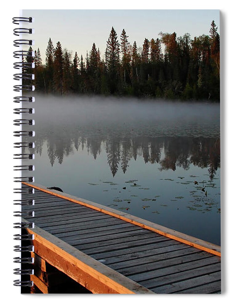 Mist Spiral Notebook featuring the digital art Morning mist over Lynx Lake in Northern Saskatchewan #1 by Mark Duffy