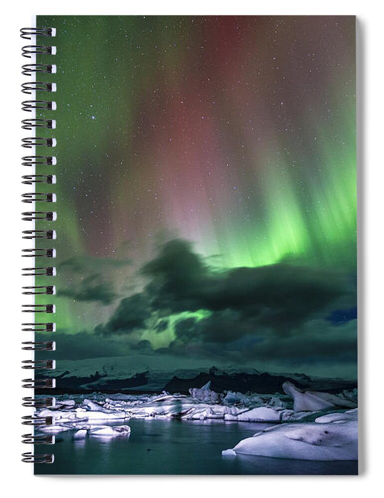 Europe Spiral Notebook featuring the photograph Iceland night show by Alexey Stiop