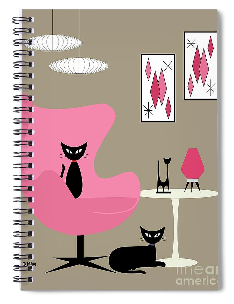  Spiral Notebook featuring the digital art Pink Egg Chair with Two Cats by Donna Mibus